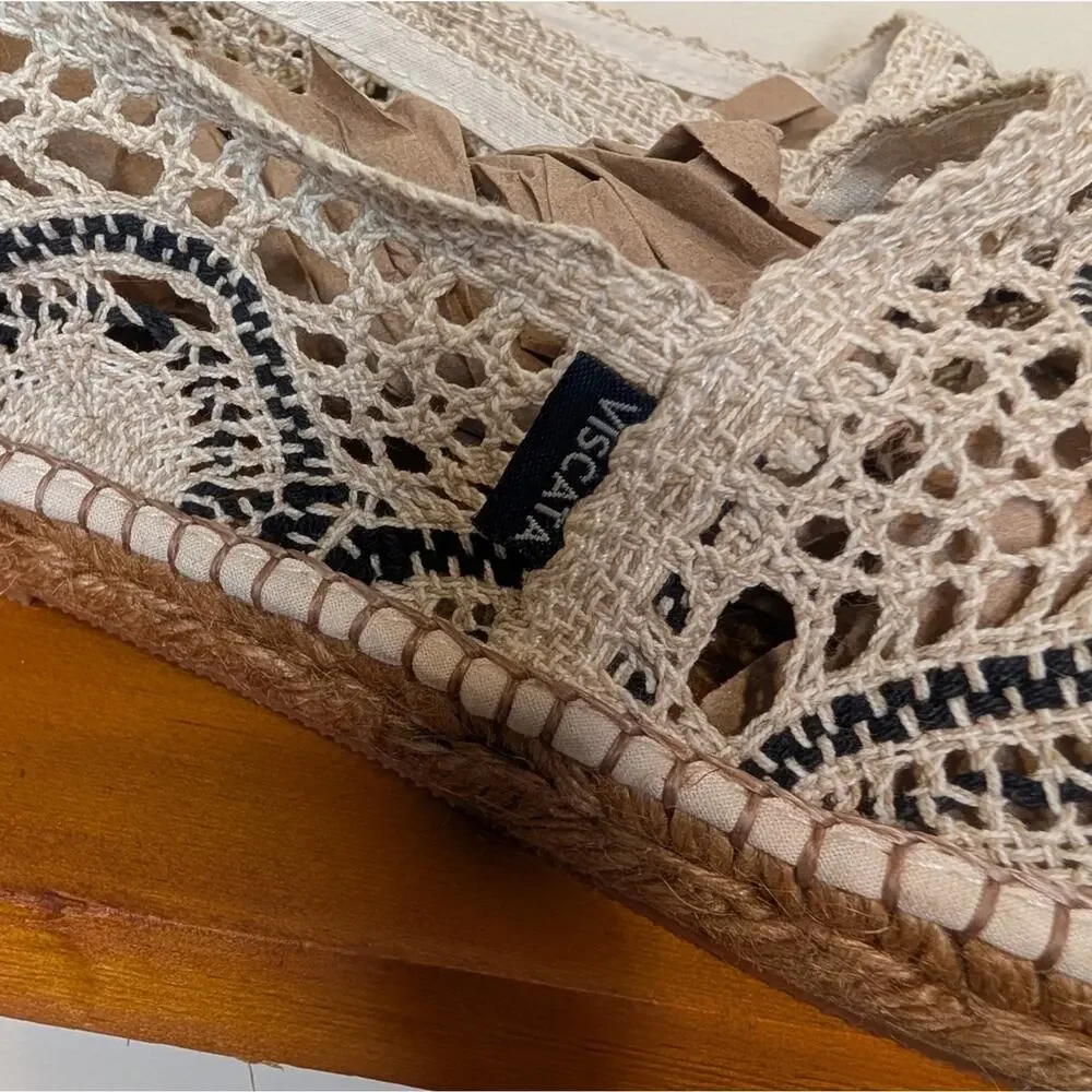 Viscata Barcelona Crochet Espadrille Flats | Natural Beige & Navy | Size 41
